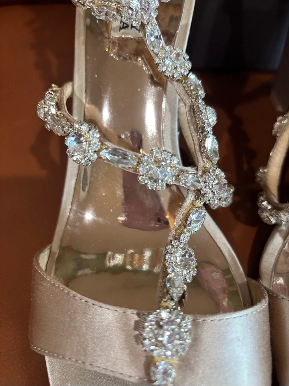 Badgley Mischka Champagne Satin Crystal Embellished Wedges